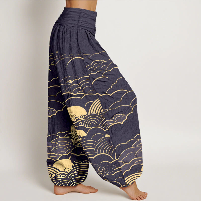 Pantaloni harem da donna con elastico in vita, motivo a spirale, in cotone con nuvole classiche, motivo Buddha Stones - Image 8