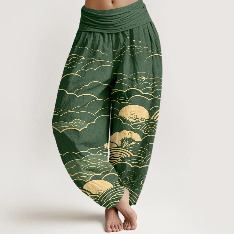 Pantaloni harem da donna con elastico in vita, motivo a spirale, in cotone con nuvole classiche, motivo Buddha Stones - Image 9