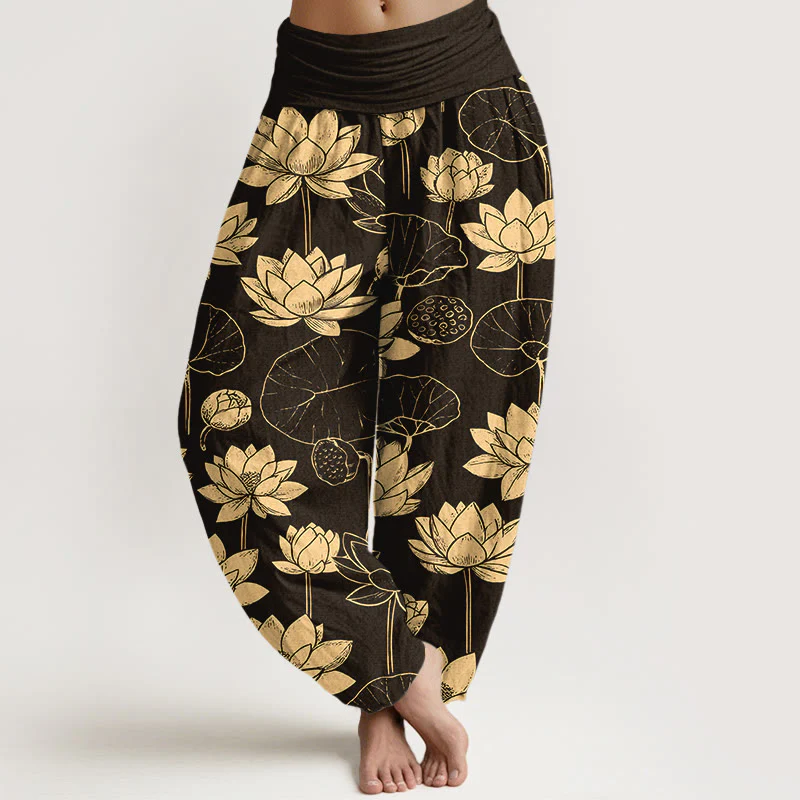 Pantaloni harem da donna con elastico in vita, motivo Buddha Stones Cotton Lotus Flowers Leaves Baccelli