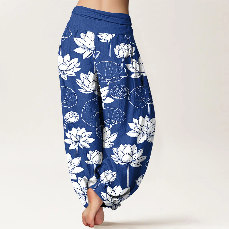 Pantaloni harem da donna con elastico in vita, motivo Buddha Stones Cotton Lotus Flowers Leaves Baccelli - Image 10