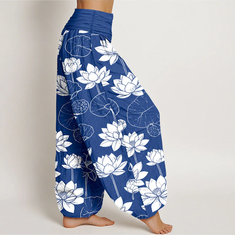 Pantaloni harem da donna con elastico in vita, motivo Buddha Stones Cotton Lotus Flowers Leaves Baccelli - Image 11