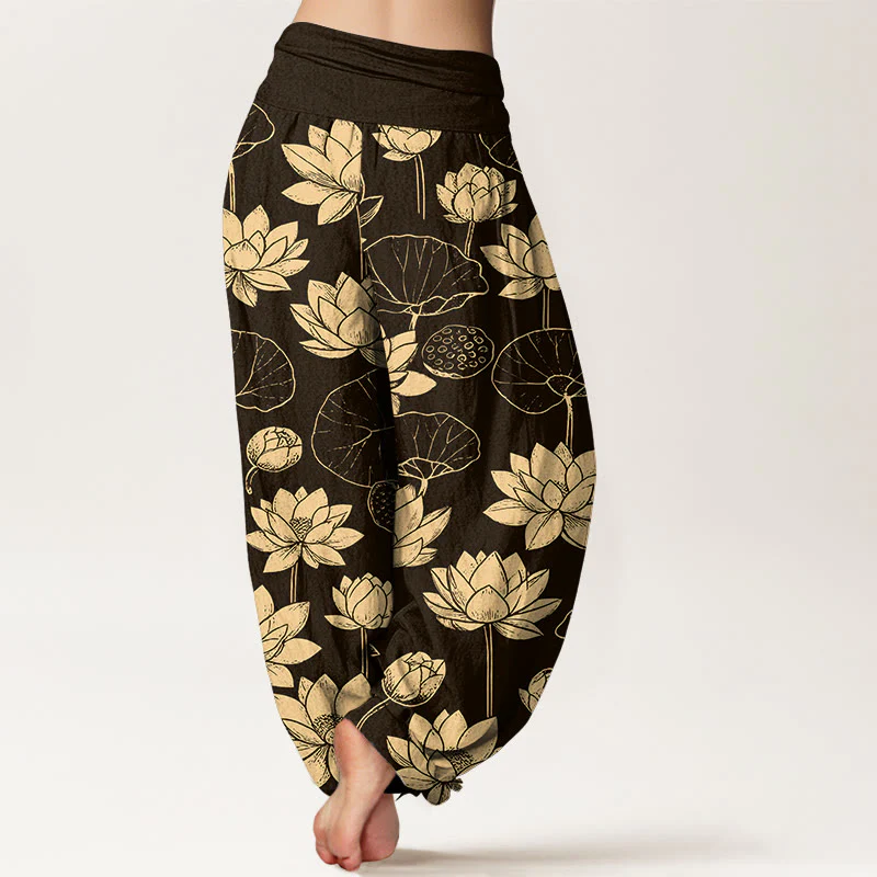 Pantaloni harem da donna con elastico in vita, motivo Buddha Stones Cotton Lotus Flowers Leaves Baccelli - Image 2