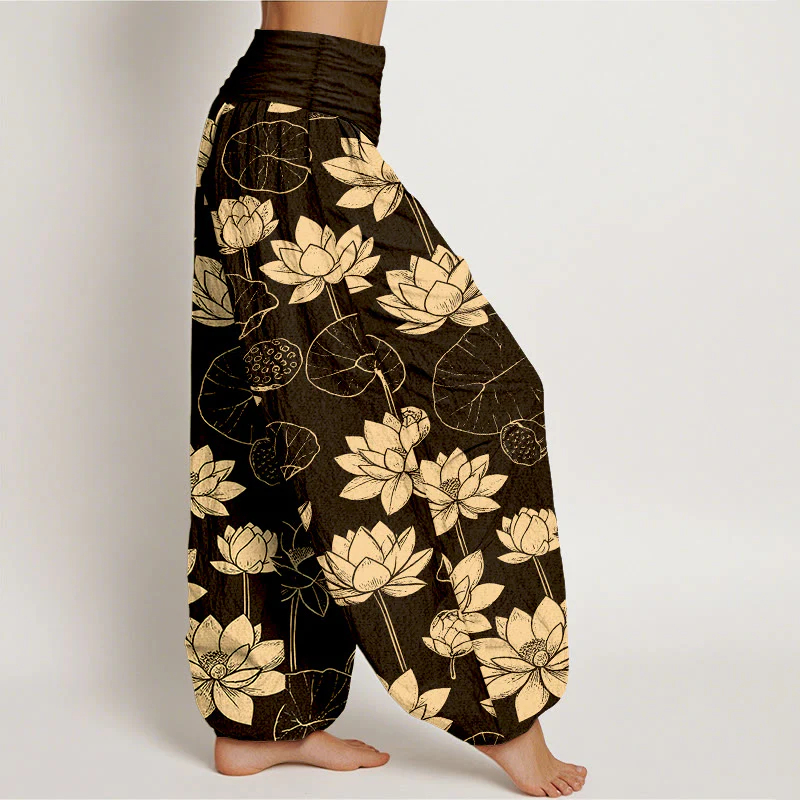 Pantaloni harem da donna con elastico in vita, motivo Buddha Stones Cotton Lotus Flowers Leaves Baccelli - Image 3