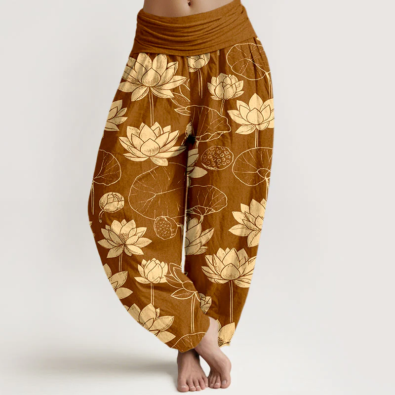 Pantaloni harem da donna con elastico in vita, motivo Buddha Stones Cotton Lotus Flowers Leaves Baccelli - Image 6