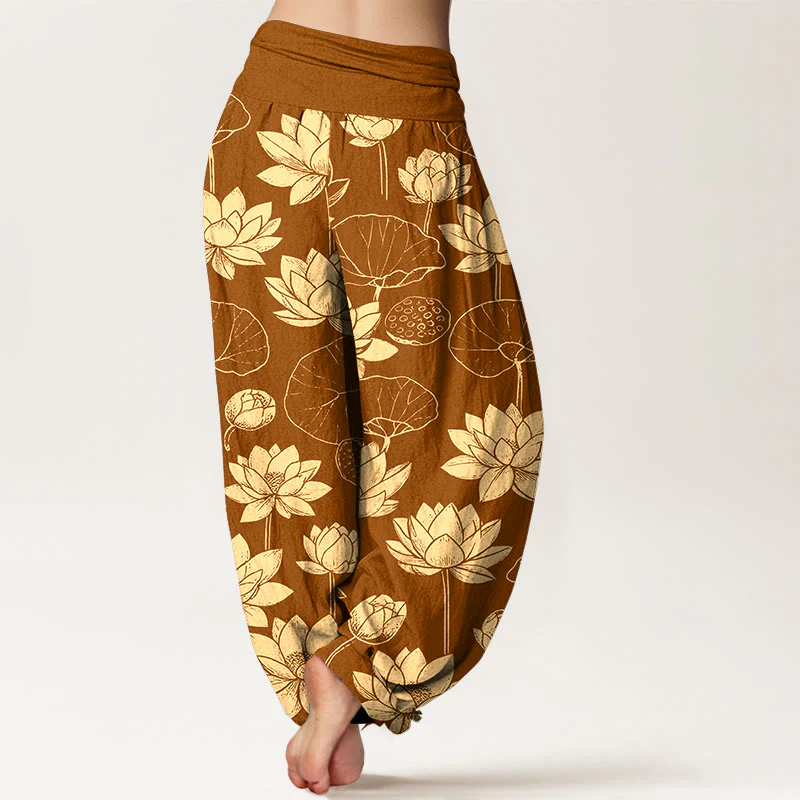 Pantaloni harem da donna con elastico in vita, motivo Buddha Stones Cotton Lotus Flowers Leaves Baccelli - Image 7