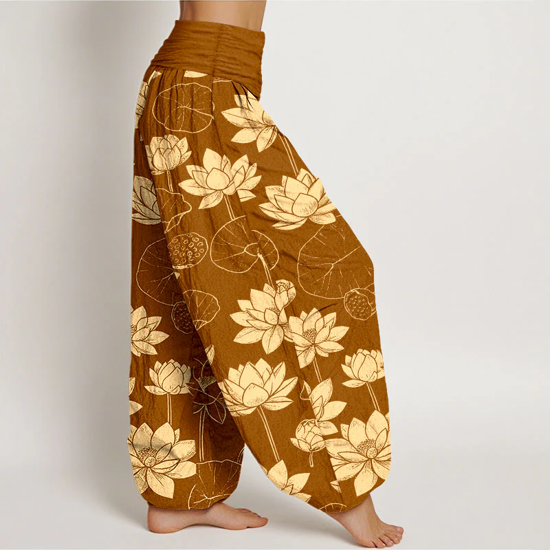 Pantaloni harem da donna con elastico in vita, motivo Buddha Stones Cotton Lotus Flowers Leaves Baccelli - Image 8