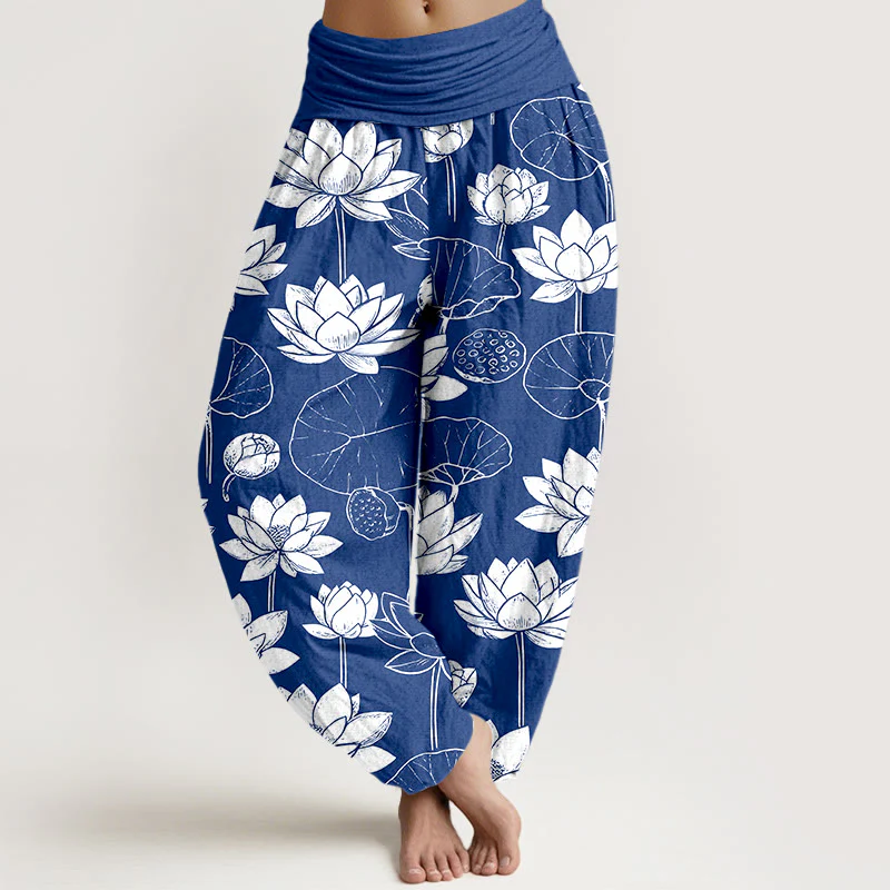 Pantaloni harem da donna con elastico in vita, motivo Buddha Stones Cotton Lotus Flowers Leaves Baccelli - Image 9