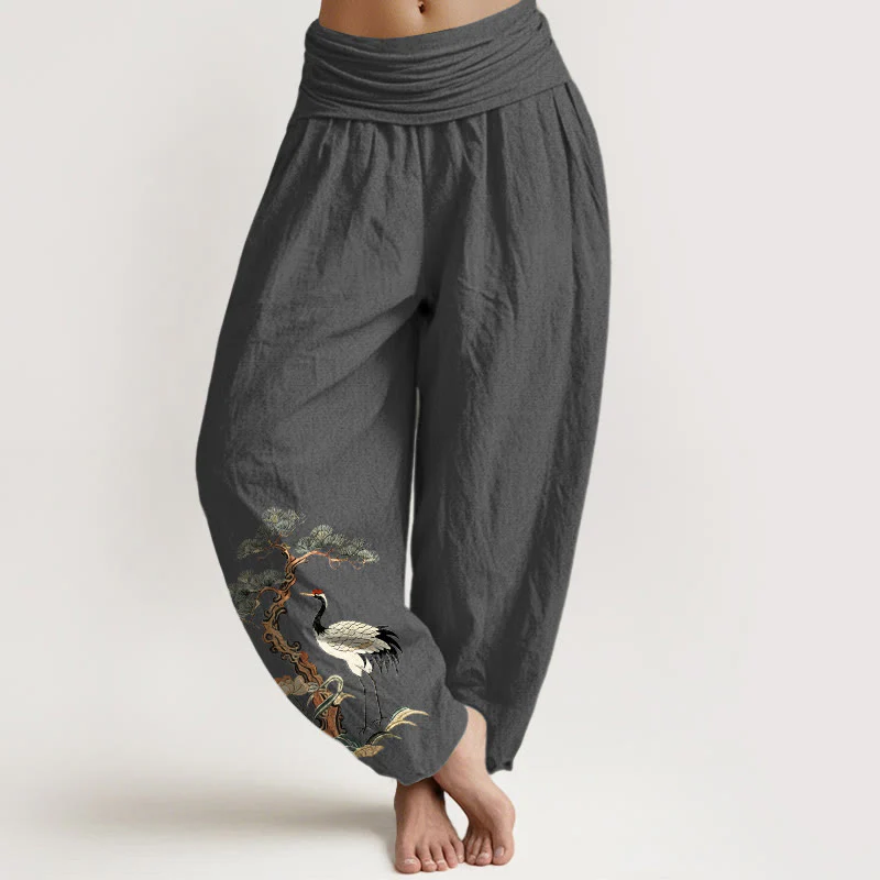 Pantaloni harem da donna con elastico in vita, motivo: Buddha Stones, in puro cotone, con gru, pino, fiori e erba - Image 12