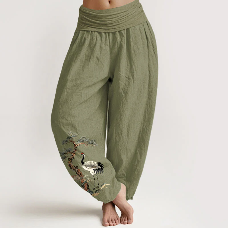 Pantaloni harem da donna con elastico in vita, motivo: Buddha Stones, in puro cotone, con gru, pino, fiori e erba - Image 15
