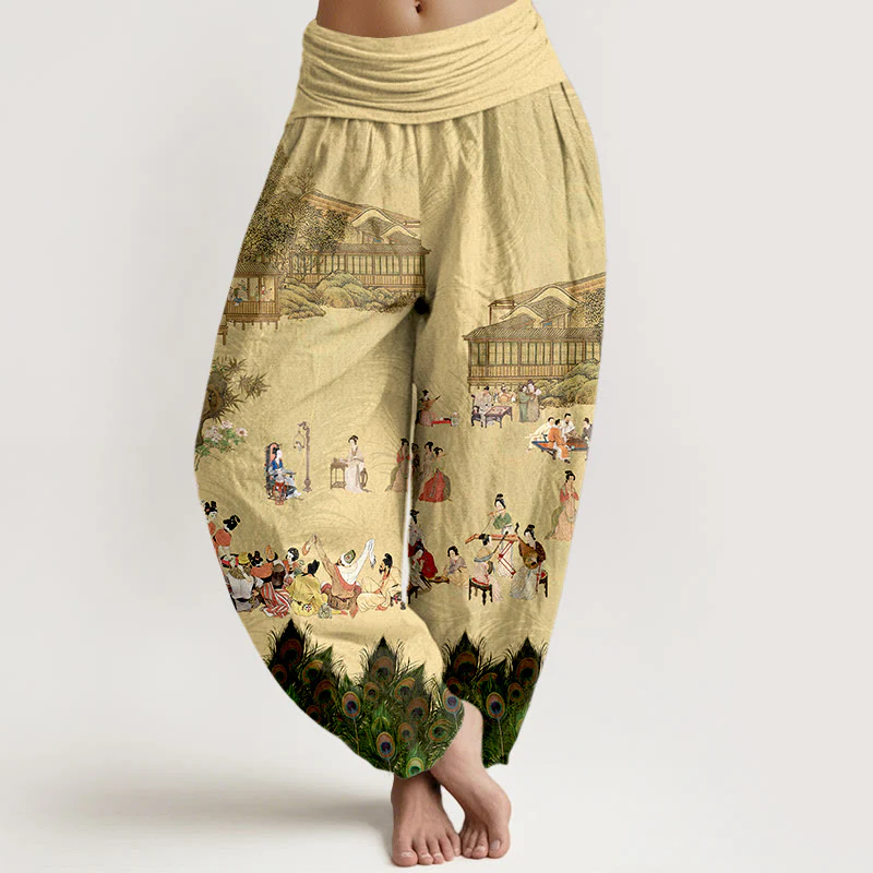 Pantaloni harem da donna con elastico in vita, motivo Buddha Stones, persone dai colori tenui, edifici, piume di pavone, alberi, fiori e rocce in puro cotone