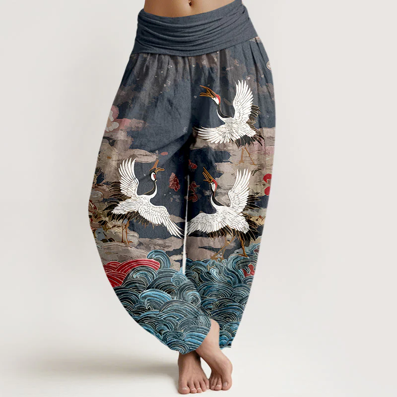 Pantaloni harem da donna con elastico in vita, motivo classico con onde di gru e nuvole in cotone Buddha Stones