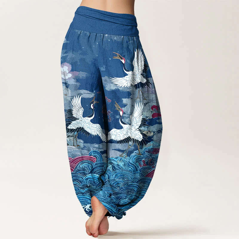 Pantaloni harem da donna con elastico in vita, motivo classico con onde di gru e nuvole in cotone Buddha Stones - Image 10