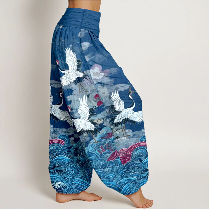 Pantaloni harem da donna con elastico in vita, motivo classico con onde di gru e nuvole in cotone Buddha Stones - Image 11