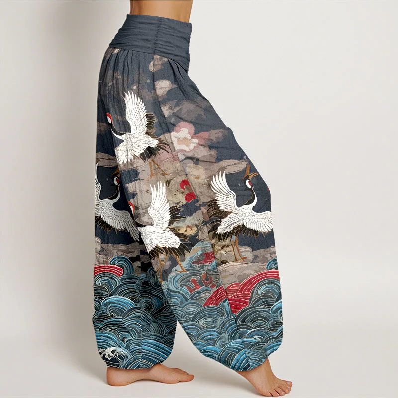 Pantaloni harem da donna con elastico in vita, motivo classico con onde di gru e nuvole in cotone Buddha Stones - Image 3