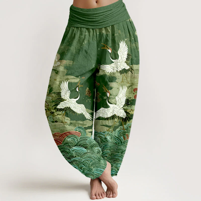 Pantaloni harem da donna con elastico in vita, motivo classico con onde di gru e nuvole in cotone Buddha Stones - Image 6