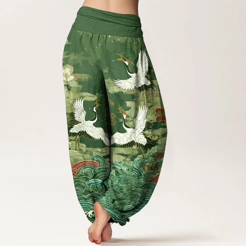 Pantaloni harem da donna con elastico in vita, motivo classico con onde di gru e nuvole in cotone Buddha Stones - Image 7