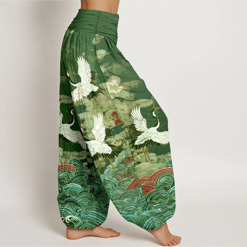 Pantaloni harem da donna con elastico in vita, motivo classico con onde di gru e nuvole in cotone Buddha Stones - Image 8