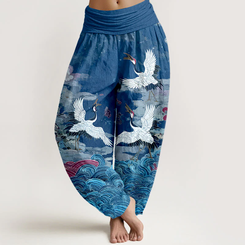 Pantaloni harem da donna con elastico in vita, motivo classico con onde di gru e nuvole in cotone Buddha Stones - Image 9
