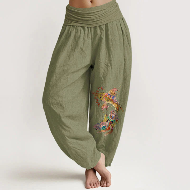 Pantaloni harem da donna con elastico in vita, motivo con pesci koi dai colori vivaci , Buddha Stones di rame e caratteri cinesi, in puro cotone - Image 15