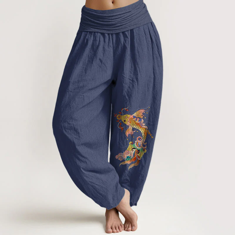 Pantaloni harem da donna con elastico in vita, motivo con pesci koi dai colori vivaci , Buddha Stones di rame e caratteri cinesi, in puro cotone - Image 6