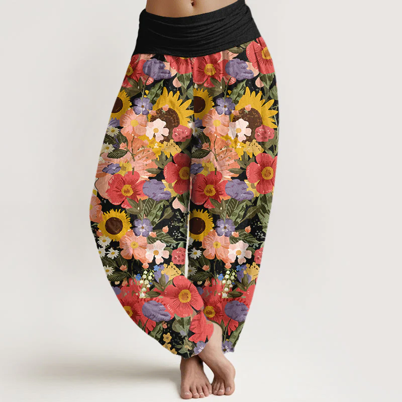 Pantaloni harem da donna con elastico in vita, motivo con piccoli fiori rossi e viola, in puro cotone, con motivo a girasoli colorati e margherite Buddha Stones