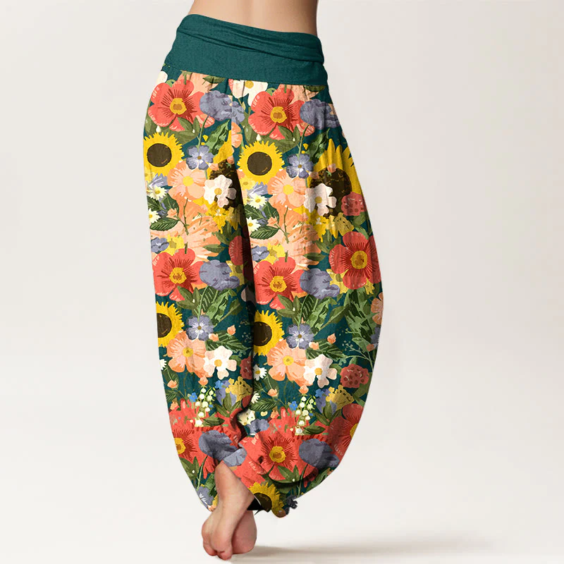 Pantaloni harem da donna con elastico in vita, motivo con piccoli fiori rossi e viola, in puro cotone, con motivo a girasoli colorati e margherite Buddha Stones - Image 10