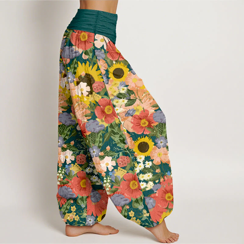 Pantaloni harem da donna con elastico in vita, motivo con piccoli fiori rossi e viola, in puro cotone, con motivo a girasoli colorati e margherite Buddha Stones - Image 11