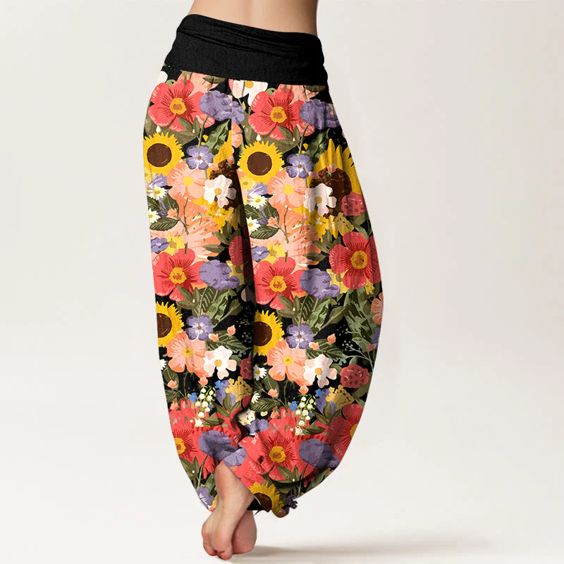 Pantaloni harem da donna con elastico in vita, motivo con piccoli fiori rossi e viola, in puro cotone, con motivo a girasoli colorati e margherite Buddha Stones - Image 2