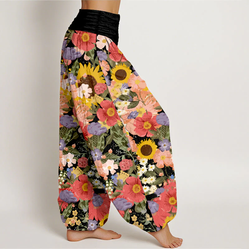 Pantaloni harem da donna con elastico in vita, motivo con piccoli fiori rossi e viola, in puro cotone, con motivo a girasoli colorati e margherite Buddha Stones - Image 3