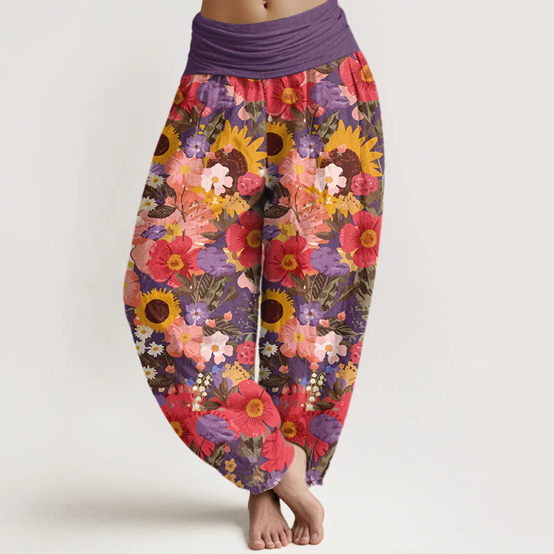 Pantaloni harem da donna con elastico in vita, motivo con piccoli fiori rossi e viola, in puro cotone, con motivo a girasoli colorati e margherite Buddha Stones - Image 6