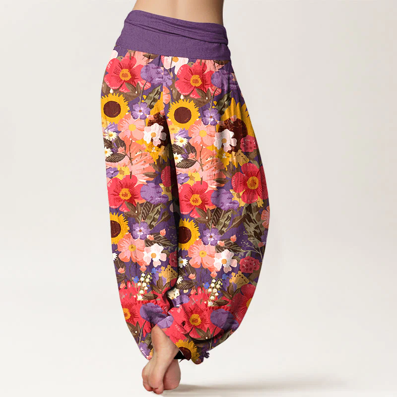 Pantaloni harem da donna con elastico in vita, motivo con piccoli fiori rossi e viola, in puro cotone, con motivo a girasoli colorati e margherite Buddha Stones - Image 7