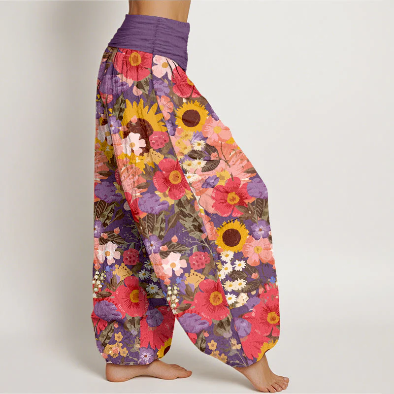 Pantaloni harem da donna con elastico in vita, motivo con piccoli fiori rossi e viola, in puro cotone, con motivo a girasoli colorati e margherite Buddha Stones - Image 8