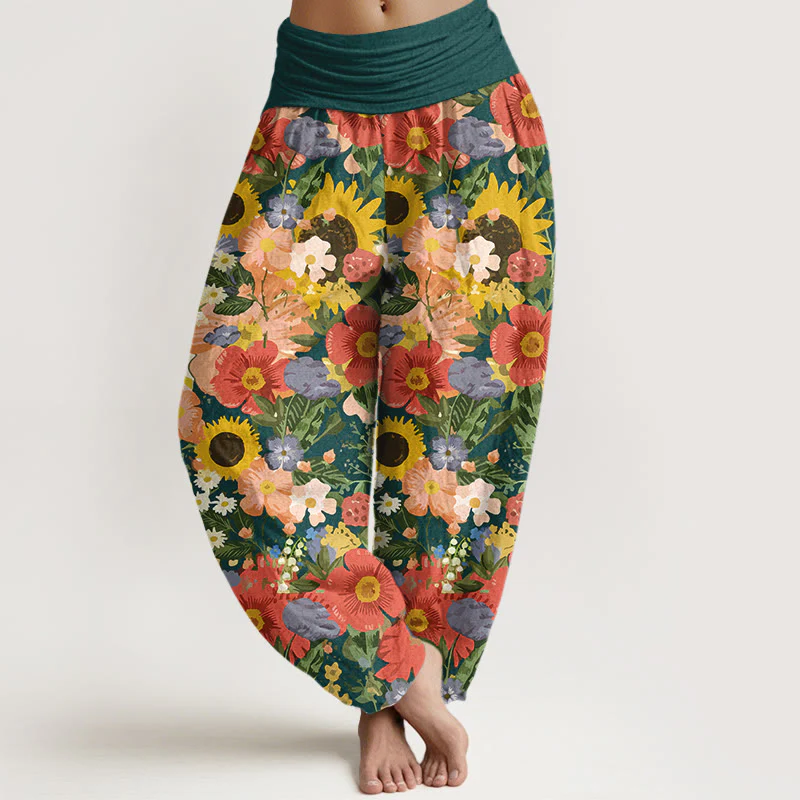 Pantaloni harem da donna con elastico in vita, motivo con piccoli fiori rossi e viola, in puro cotone, con motivo a girasoli colorati e margherite Buddha Stones - Image 9