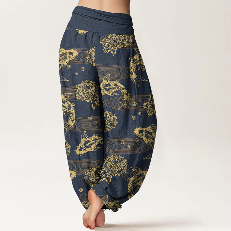 Pantaloni harem da donna con elastico in vita, motivo curvo, in cotone con Buddha Stones , squisiti fiori e foglie di pesce koi - Image 10