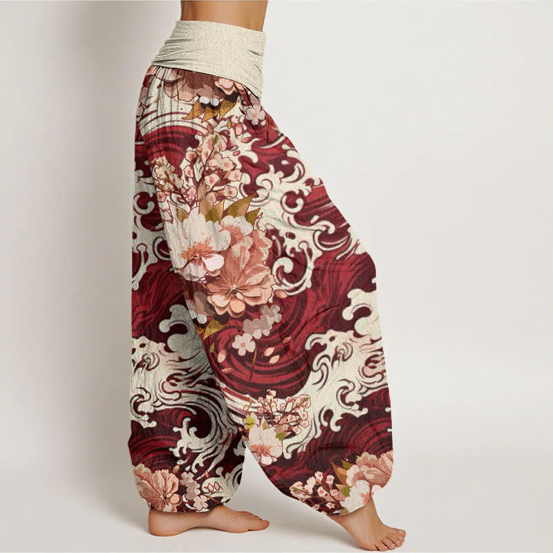 Pantaloni harem da donna con elastico in vita, motivo floreale e onde in cotone casual Buddha Stones - Image 9
