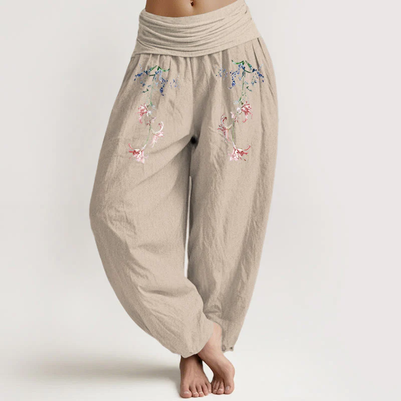 Pantaloni harem da donna con elastico in vita, motivo floreale pastello semplice in puro cotone Buddha Stones - Image 12