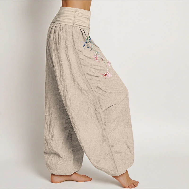 Pantaloni harem da donna con elastico in vita, motivo floreale pastello semplice in puro cotone Buddha Stones - Image 14