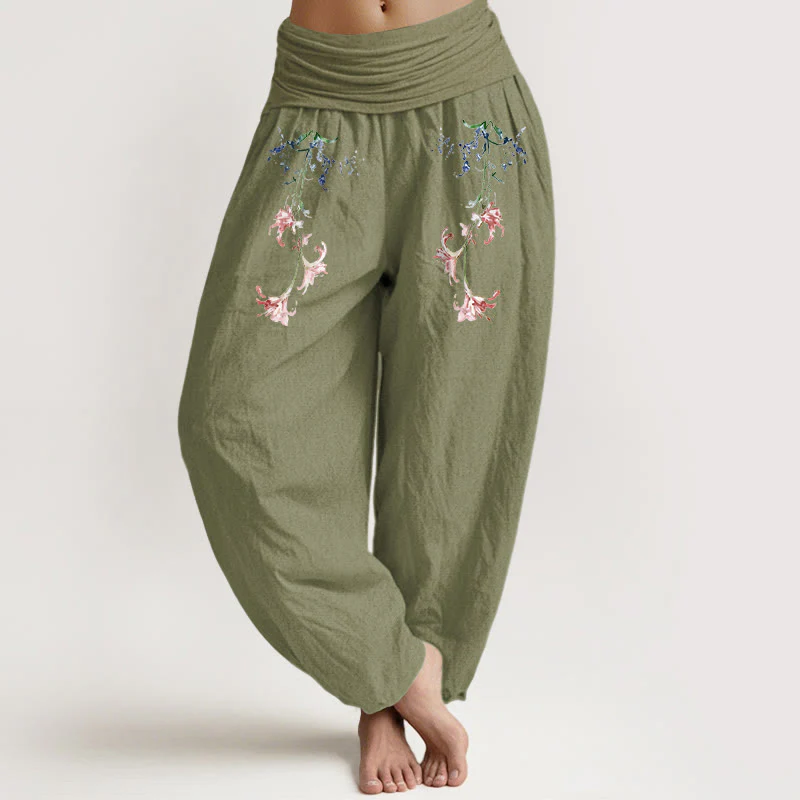 Pantaloni harem da donna con elastico in vita, motivo floreale pastello semplice in puro cotone Buddha Stones - Image 15