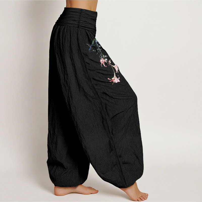 Pantaloni harem da donna con elastico in vita, motivo floreale pastello semplice in puro cotone Buddha Stones - Image 3