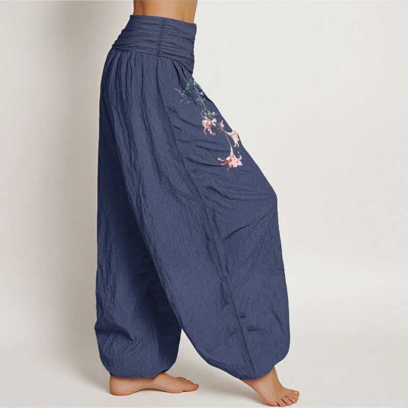 Pantaloni harem da donna con elastico in vita, motivo floreale pastello semplice in puro cotone Buddha Stones - Image 8