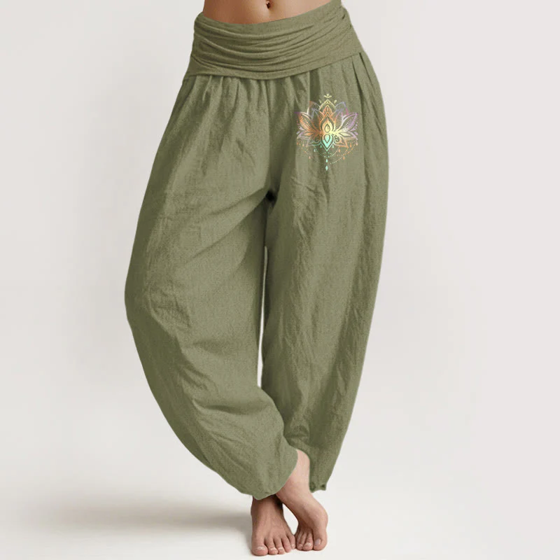 Pantaloni harem da donna con elastico in vita, motivo loto color arcobaleno in puro cotone Buddha Stones - Image 15