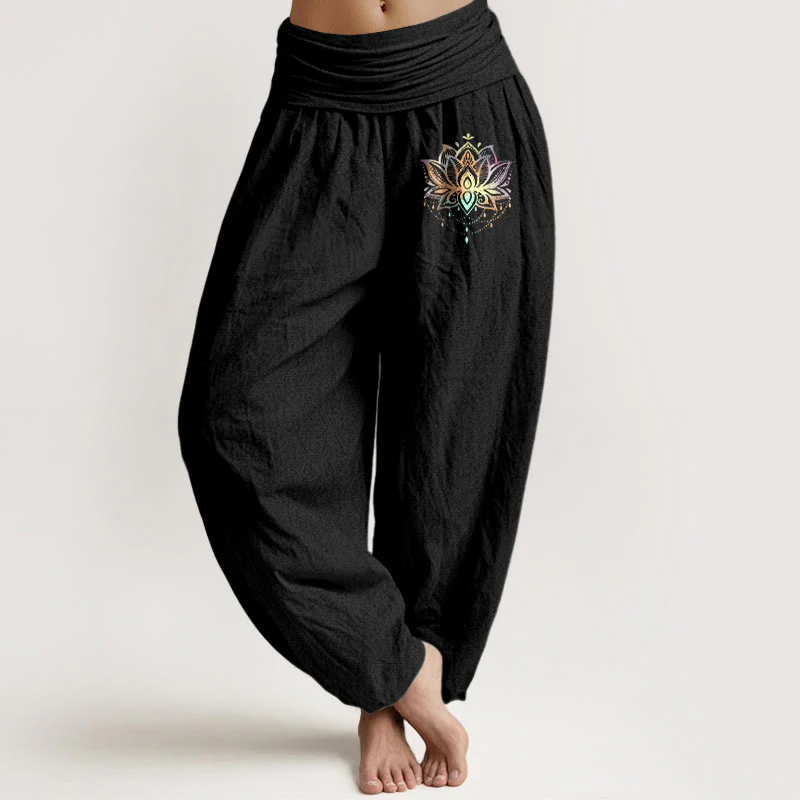 Pantaloni harem da donna con elastico in vita, motivo loto color arcobaleno in puro cotone Buddha Stones - Image 6