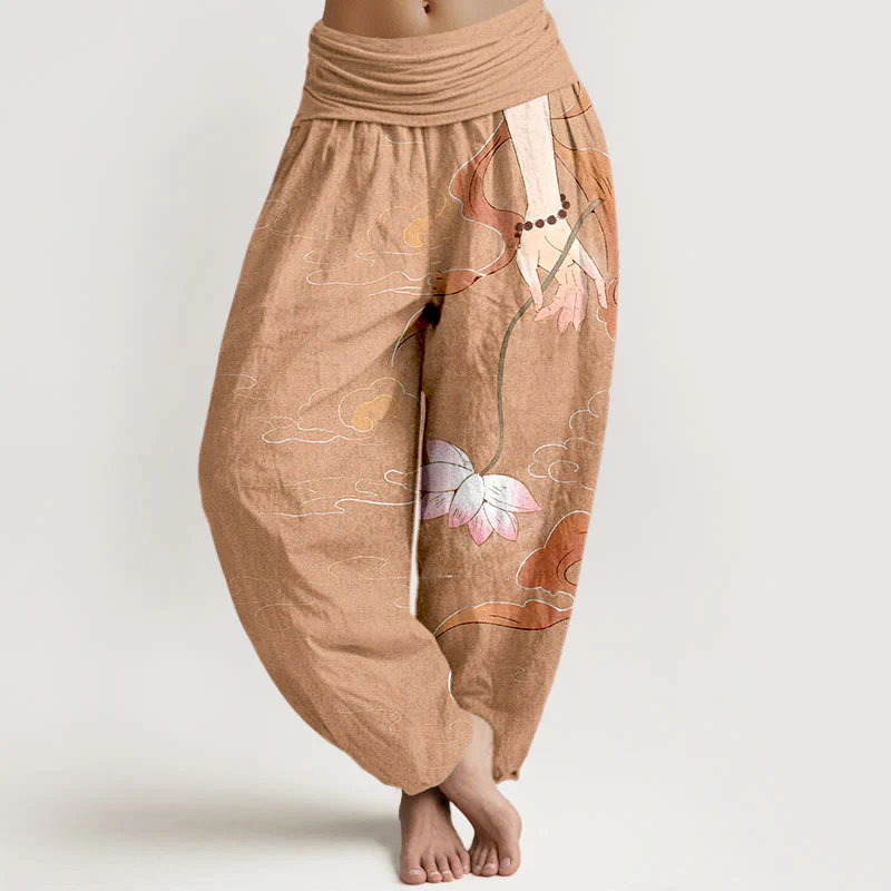 Pantaloni harem da donna con elastico in vita, motivo nuvole, con fiori di loto in puro cotone, Buddha Stones, nastri fluenti, rosari da indossare a mano
