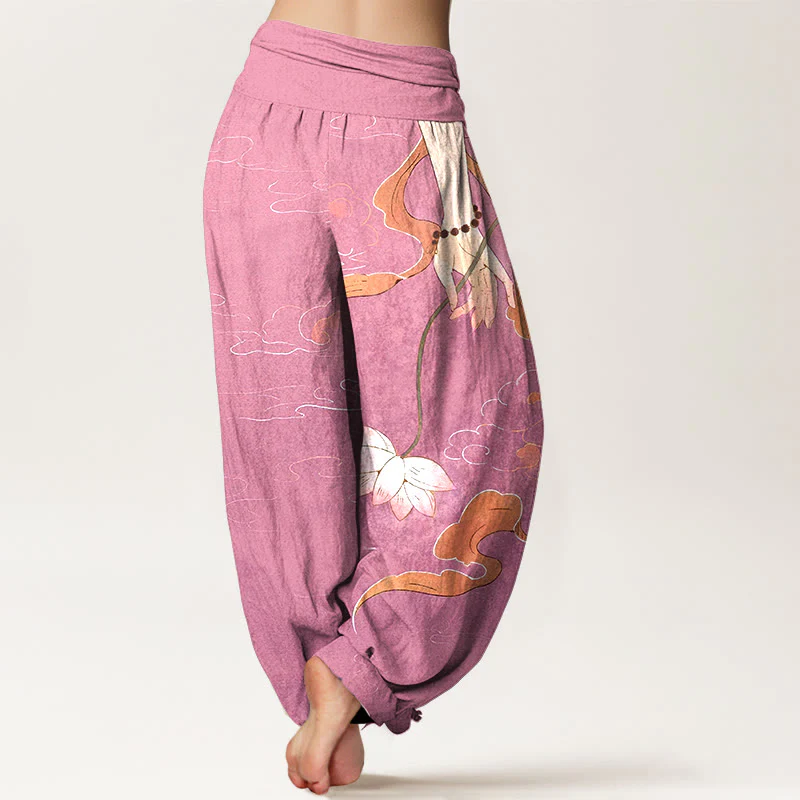 Pantaloni harem da donna con elastico in vita, motivo nuvole, con fiori di loto in puro cotone, Buddha Stones, nastri fluenti, rosari da indossare a mano - Image 10