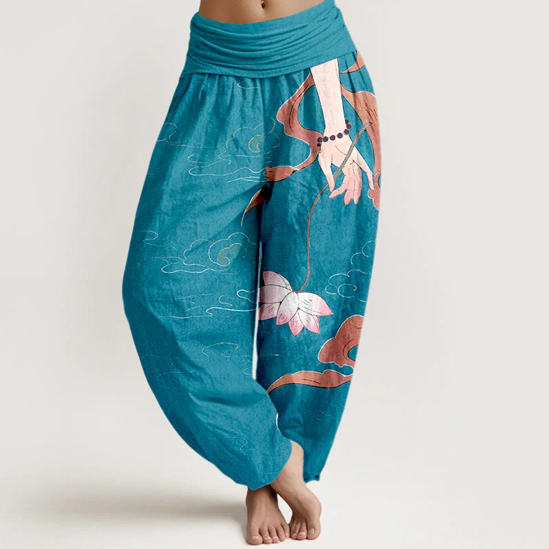 Pantaloni harem da donna con elastico in vita, motivo nuvole, con fiori di loto in puro cotone, Buddha Stones, nastri fluenti, rosari da indossare a mano - Image 6