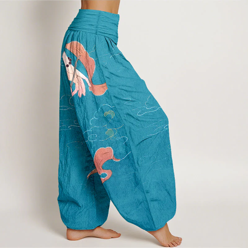 Pantaloni harem da donna con elastico in vita, motivo nuvole, con fiori di loto in puro cotone, Buddha Stones, nastri fluenti, rosari da indossare a mano - Image 8