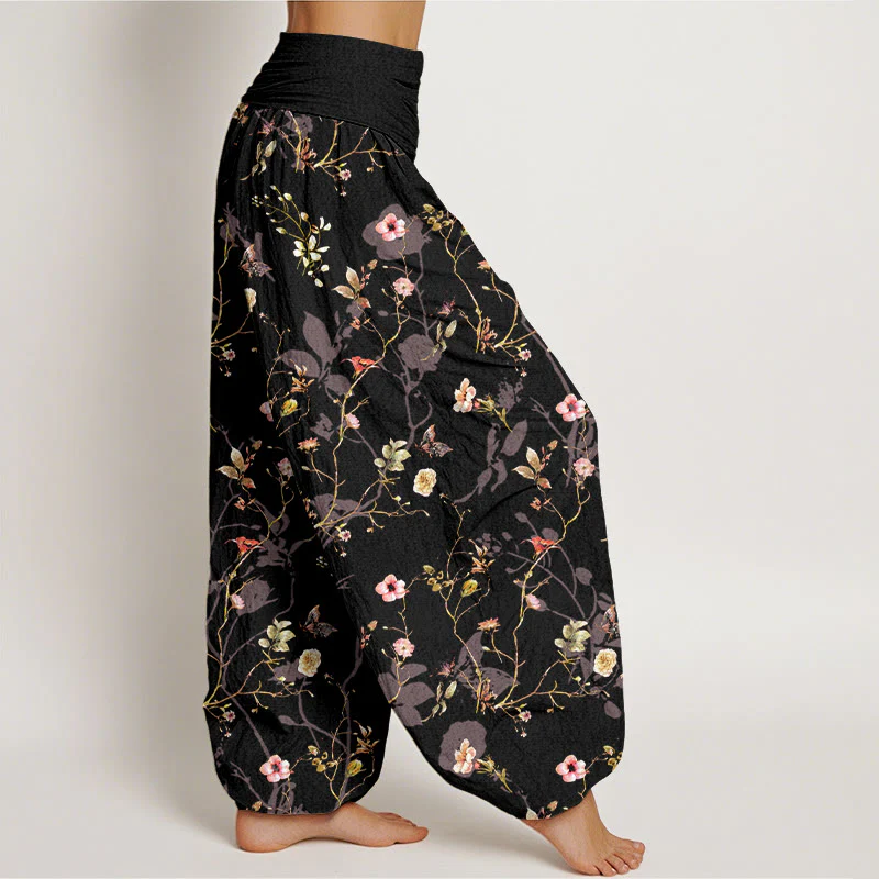 Pantaloni harem da donna con elastico in vita, motivo retrò con fiori, foglie e rami, in puro cotone, motivo Buddha Stones - Image 3