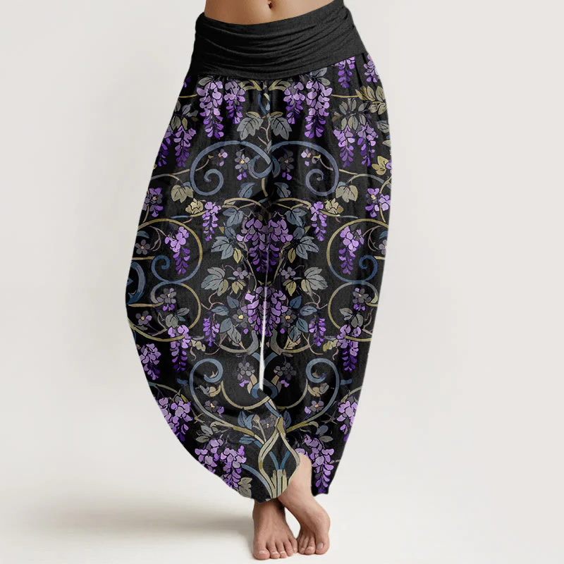 Pantaloni harem da donna con elastico in vita, stile retrò, in puro cotone, con splendidi glicini, motivo Buddha Stones