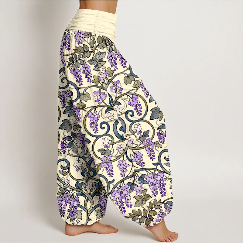 Pantaloni harem da donna con elastico in vita, stile retrò, in puro cotone, con splendidi glicini, motivo Buddha Stones - Image 11