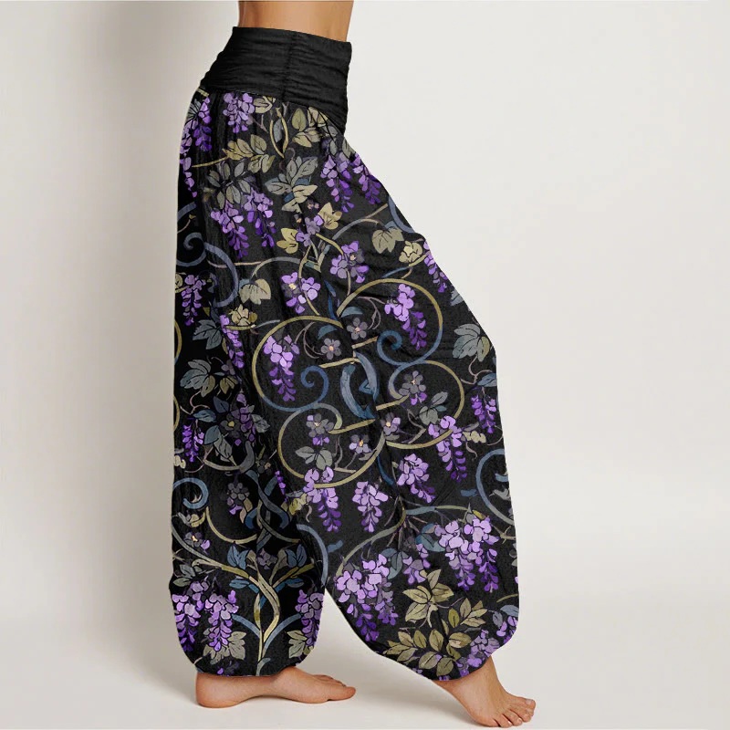 Pantaloni harem da donna con elastico in vita, stile retrò, in puro cotone, con splendidi glicini, motivo Buddha Stones - Image 3